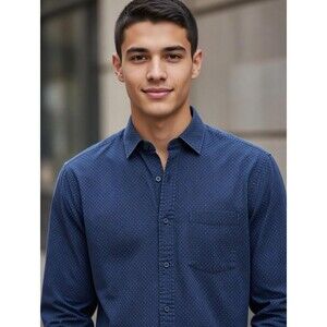 Johnston & Murphy Men's Blue Polka Dot Cotton Button-Up Shirt Long Sleeve M